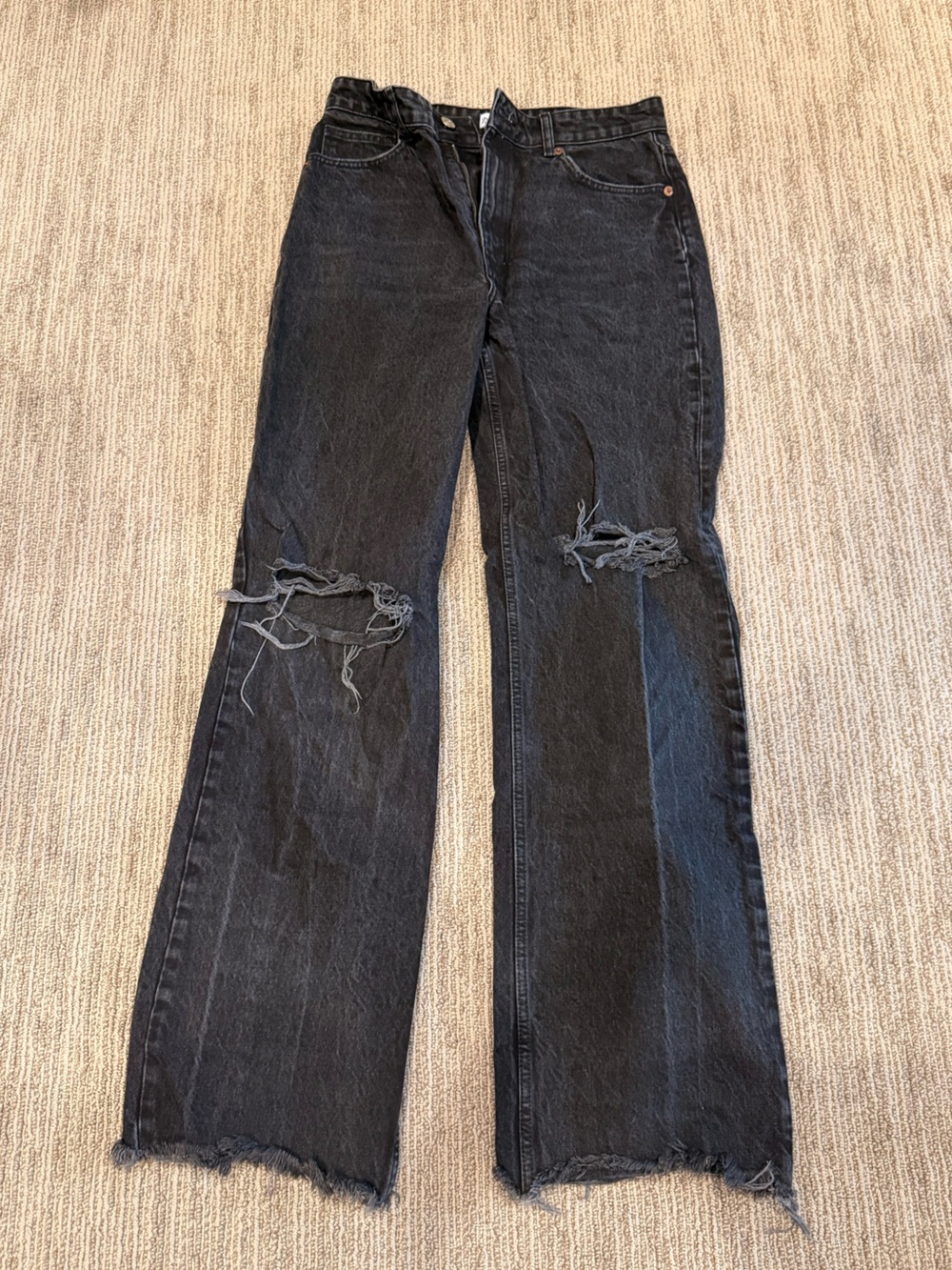 Zara Washed Black Flare Jeans with Knee Rips